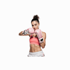 Determined Boxer: A confident woman, in her prime, prepares for a boxing match. Focused, ready for the battle, the image encapsulates strength and determination.