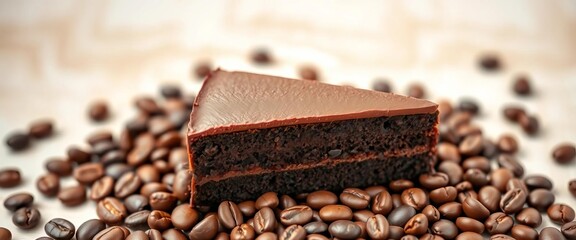 A slice of rich chocolate cake rests on a bed of coffee beans, light background, coffee beans, homemade