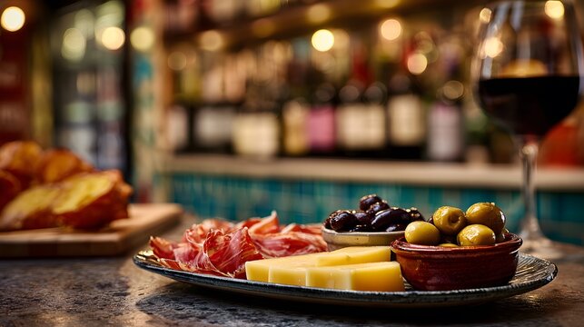 Authentic paella Valenciana vibrant overhead view of saffron infused seafood paella traditional pan sunlit Mediterranean terrace backdrop olive tree rustic wooden table perfect restaurant menu hero