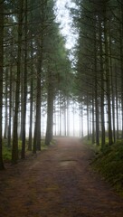 Obraz premium Peaceful woodland scene features a forest path disappearing into soft morning fog among tall evergreen trees.