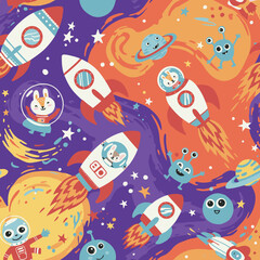Adorable cartoon rockets, planets, aliens, and astronauts in a seamless space pattern, perfect for kids' textile designs, wallpapers, and various creative projects needing a fun, cosmic vibe.