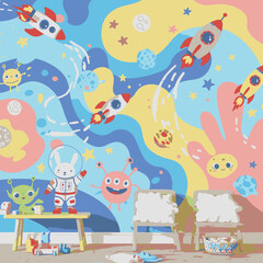 A whimsical illustration depicts a playful space-themed scene featuring rockets, planets, and friendly cartoon characters, creating a vibrant and imaginative environment for children.