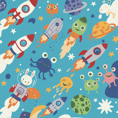 A vibrant and whimsical seamless pattern features cute cartoon rockets, friendly aliens, and colorful planets soaring through a starry blue outer space.