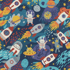 A colorful, whimsical space-themed illustration features rockets, planets, stars, and adorable cartoon rabbit astronauts in a playful, child-friendly design against a dark blue backdrop.