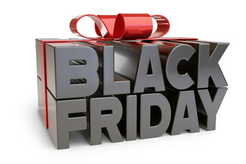 Black Friday text in the shape of a gift isolated on white background. 3d illustration.