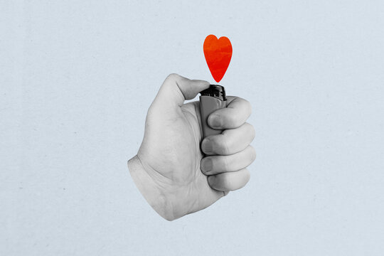 Trend artwork banner sketch 3D photo collage of relationships bonding holiday Valentine day hand hold gas lighter flame heart shape