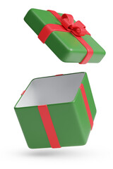 Open red and green gift box isolated on white background. 3d illustration.