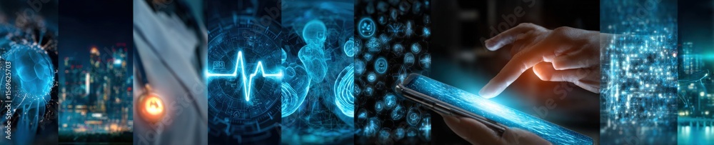 Poster Futuristic Digital Technology Concept with Smartphone Interaction and Data Visualization in a Modern Cyber Network Environment