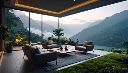 Modern Luxury Living Room with Panoramic Mountain Lake View and Lush Green Landscape Contemporary Interior Design