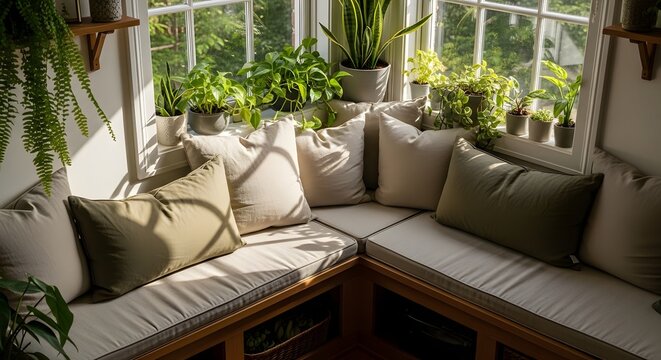 Sunlit window seat filled with plants and cushions offers a peaceful, relaxing corner.