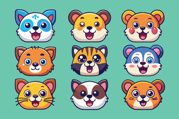 Fototapeta premium Cute cartoon animal faces vector set with kawaii style