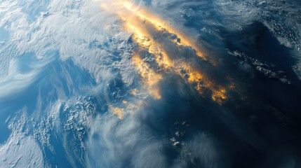 A striking satellite view of Earth shows sunlight reflecting off clouds and the ocean, highlighting atmospheric patterns and the planet's curvature.