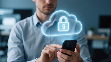 Man using smartphone with cloud security icon overlayed in a modern office environment setting