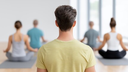 Yoga and meditation class indoor, Group yoga session with participants meditating in a serene studio.