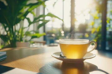 Obraz premium A steaming cup of herbal tea sits on a wooden table in a sunlit caf?, surrounded by greenery