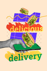 Template sketch trend photo collage of hand hold smartphone online order delivery food burger cooking gourmet healthy nutrition delicious