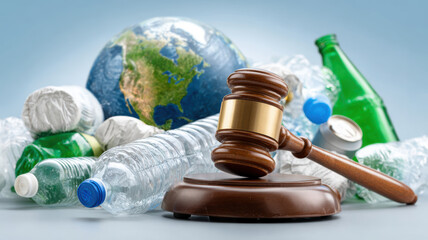 Climate change recycling regulation. image depicts gavel placed wooden block surrounded by plastic bottles and globe