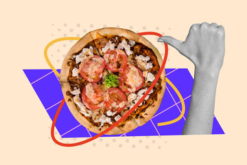 Sketch template design 3D photo collage composite of hand gesture thumb showing pizza order junk food restaurant gourmet meal cook kitchen