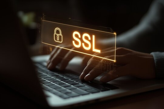 A developer's screen showing a secure "SSL" connection in a browser, a concept of Secure Sockets Layer, website security, data encryption, and safe online transactions.