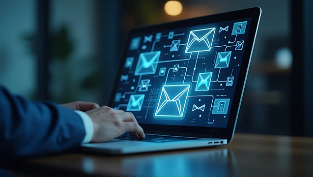 Person using a laptop displaying a digital network of glowing blue email icons