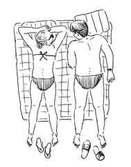 Couple young people on beach holiday, summer vacation, lying on seashore, tanned, relaxing, top view, outline sketch, vector illustration isolated on white