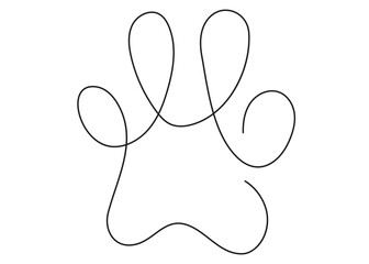 Minimalist illustration of a paw print drawn in a single continuous line. Black outline on a white background. Perfect for logo design, pet products, eco brands, posters, stickers, and packaging.