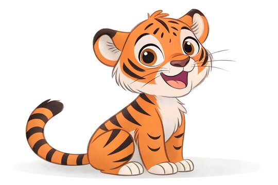 Cute cartoon tiger cub sitting and smiling. Adorable baby animal illustration for kids. Happy jungle character vector art isolated on white background.
 generative ai