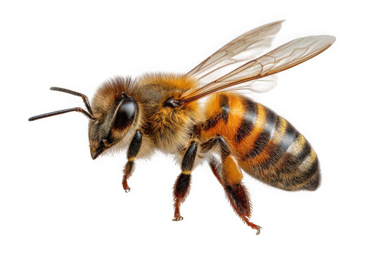 Detailed macro view of a honey bee with intricate wings and striped body isolated on transparent background