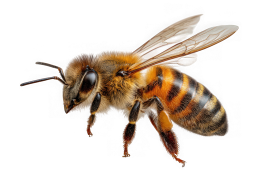 Detailed macro view of a honey bee with intricate wings and striped body isolated on transparent background