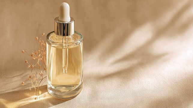 Elegant glass dropper bottle with golden liquid serum on soft beige surface for skincare beauty routine or cosmetic product display - Powered by Adobe