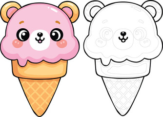 Cute Bear Ice Cream Cone Vector Illustration Adorable Kawaii Style Dessert Character for National Ice Cream Day, Children’s Party, Summer Treat, Greeting Card, and Food-Themed Design Projects