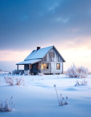 A quaint, rustic house nestled in a vast, open landscape, surrounded by rolling hills and wildflowers, with a clear blue sky overhead.