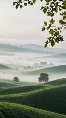 Rolling Green Hills Landscape with Soft Morning Fog