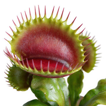 Detailed macro view of a vibrant venus flytrap with open jaws isolated on transparent background