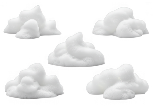 A collection of five piles of white shaving foam or cream isolated on transparent background