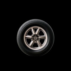Obraz premium Compact spare tire with minimal tread, featuring sleek alloy wheel design, is showcased against black background, emphasizing its modern aesthetic and functionality