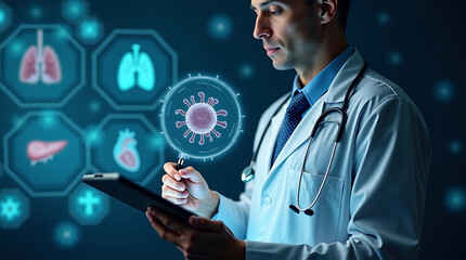 Doctor analyzing virus data on futuristic medical interface displaying organs