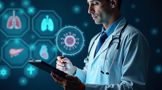 Doctor analyzing virus data on futuristic medical interface displaying organs