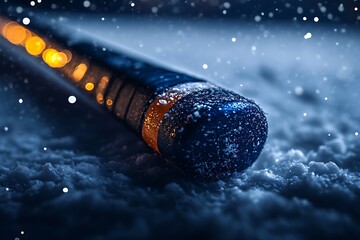 Ice Hockey Stick End Covered in Snow with Glowing Lights and Falling Snowflakes winter
