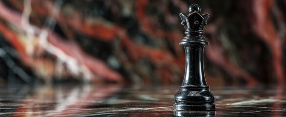 The black chess queen standing majestically on a reflective surface.