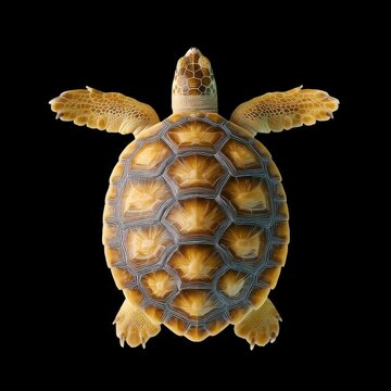 Stunning top down view of sea turtle showcasing its unique hexagonal shell pattern and vibrant colors against black background, evoking sense of wonder and appreciation for marine life