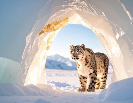 A majestic snow leopard rests gracefully within a shimmering ice cave, its thick, spotted fur contrasting beautifully against the glistening blue ice.