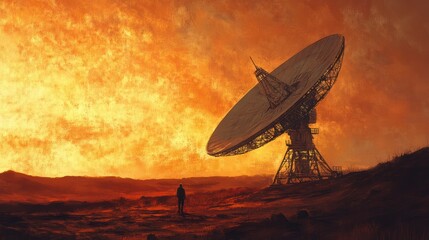 Solitude under the vast sky: A lone figure and radio antenna against orange skies