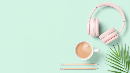 A flat lay photography composition on a mint green background. In the top right corner, there is a pair of pale pink over-ear headphones with a soft, matte finish