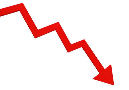 A red arrow pointing downwards, symbolizing decline and loss in business isolated on transparent background