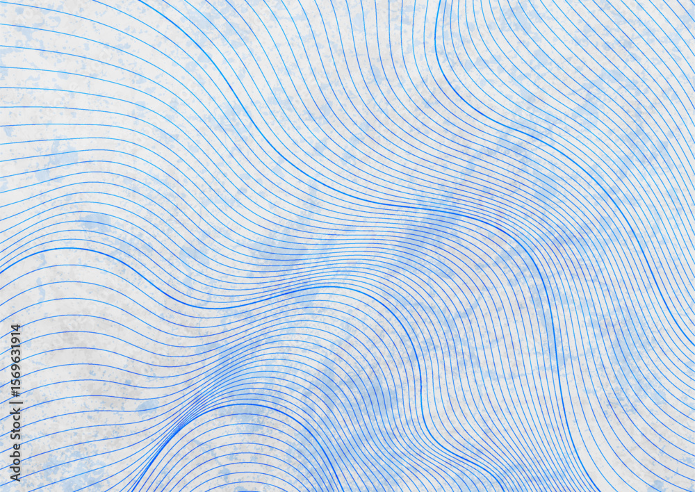 Poster Blue curved linear waves on white grunge background. Abstract retro vector design