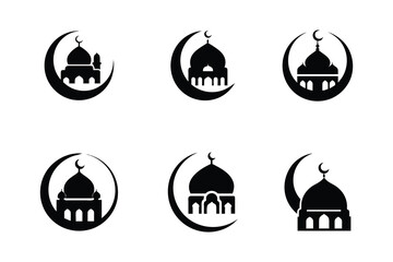 Elegant Mosque Icons: Crescent Moon and Dome Silhouette Set, Black and White Minimalist Design, Islamic Religious Symbols, Perfect for Branding, Websites, and Festive Celebrations of Ramadan and Eid.