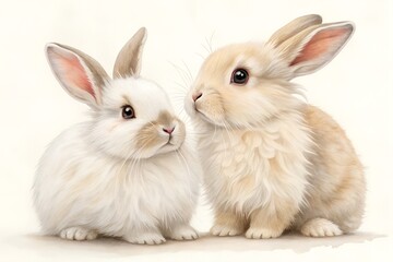 Obraz premium A sweet, gentle illustration of two adorable fluffy baby rabbits, a white and beige pair, sharing a quiet moment together. generative ai