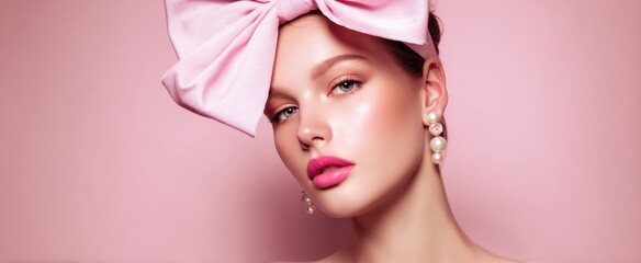The Elegant Model with a Pink Bow and Stunning Makeup