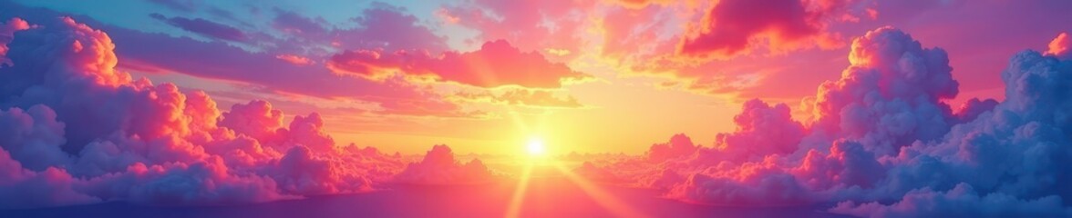 Vibrant rainbow sunset, fluffy clouds Watercolor texture , background, purple